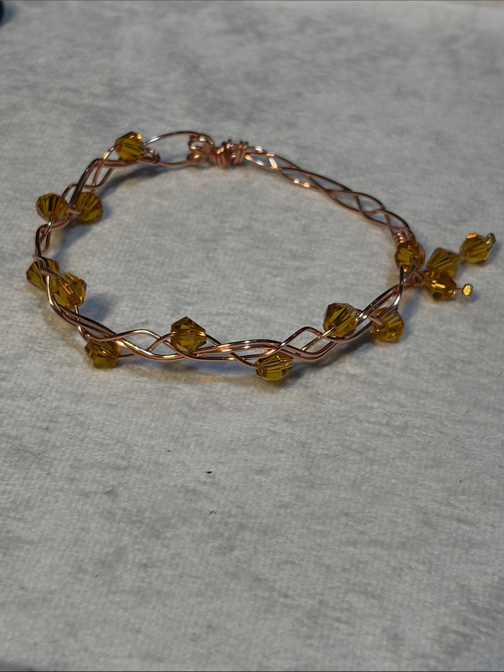 Handcrafted Copper colored Wire Bracelet with Amber Crystal Beads